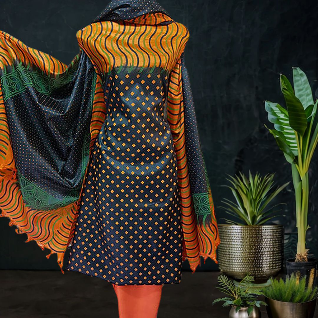 Hand Block Printed Tussar Silk Material in Black Orange