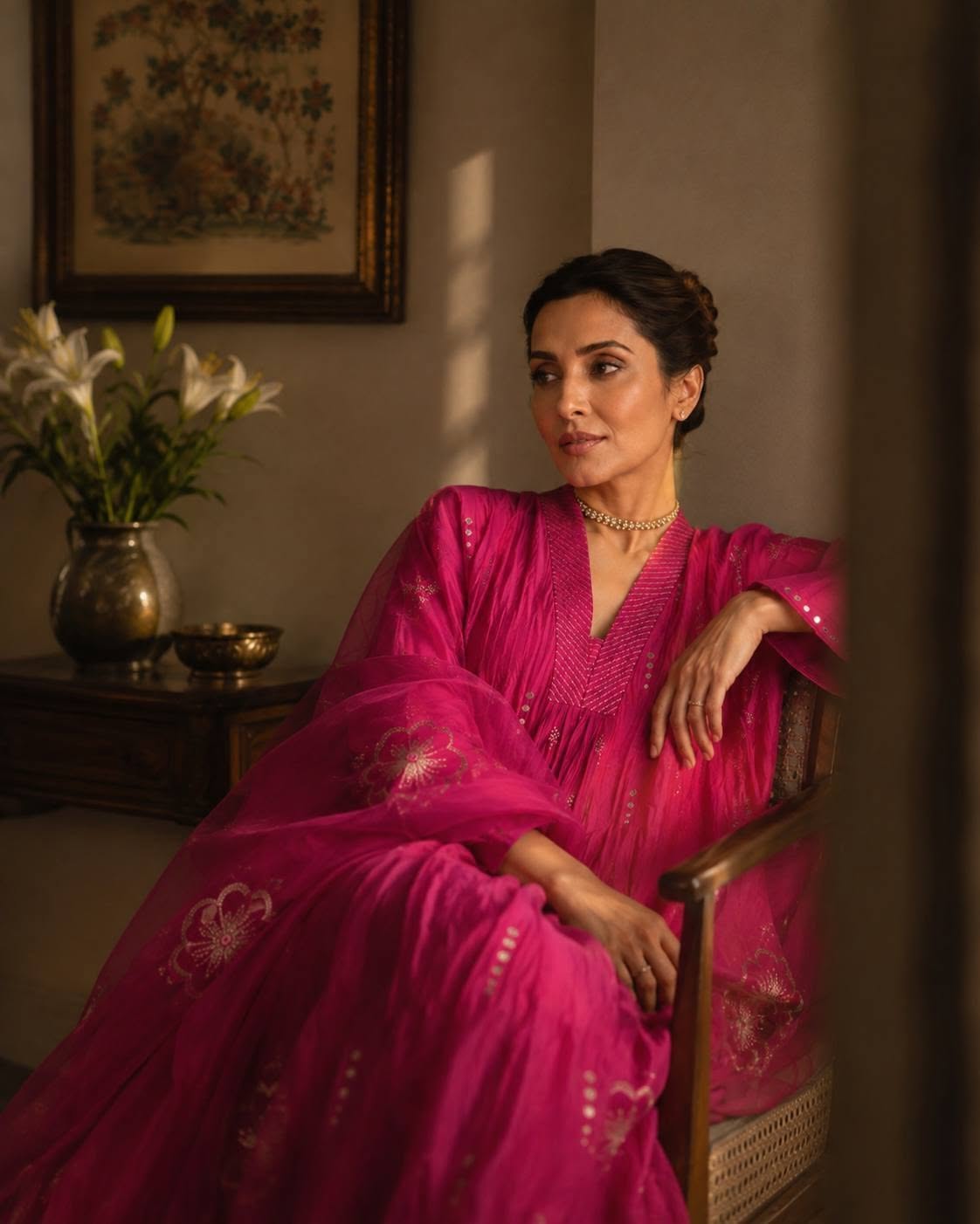 Hot Pink Chanderi Silk Suit with silk organza dupatta