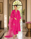 Hot Pink Chanderi Silk Suit with silk organza dupatta