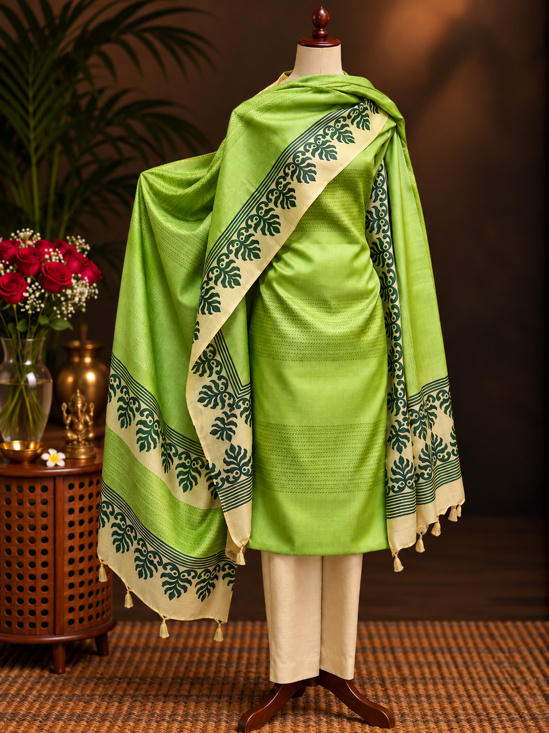 Light Green & Cream Block Print Silk Suit Set