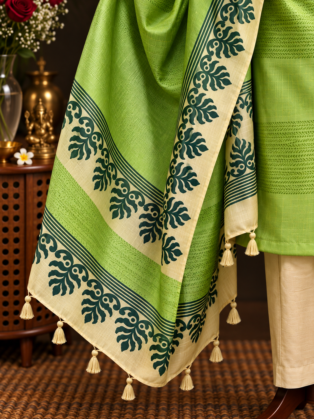 Light Green & Cream Block Print Silk Suit Set