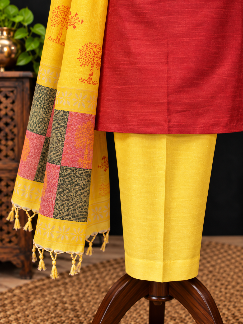 Solid Tussar Silk Suit with Handwoven Tussar Dupatta - Red and Yellow