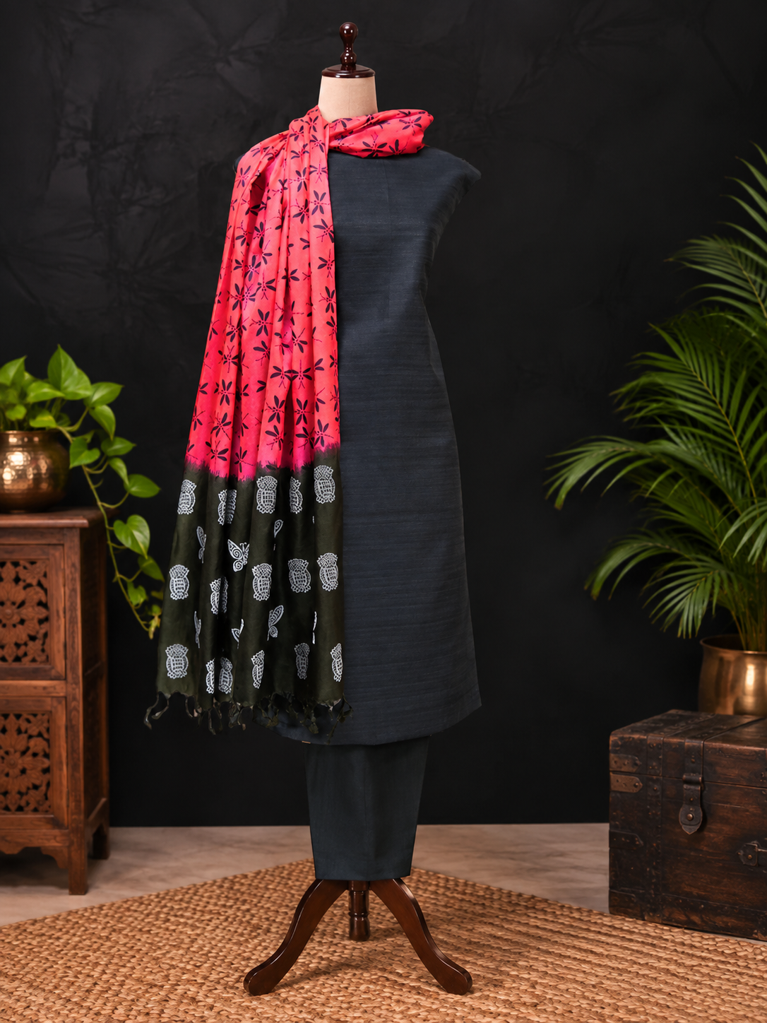 A dark charcoal gray three-piece silk suit displayed on a mannequin, styled with a vibrant pink and black patterned dupatta featuring white motifs. The mannequin is set against a dark textured wall with decorative plants and wooden furniture.