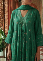 Emerald Green Chanderi Silk Suit Set with Organza Silk Dupatta & Mukaish Embroidery