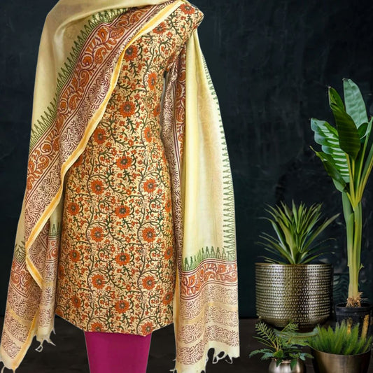 Multi color Printed Chanderi Silk Dress Material