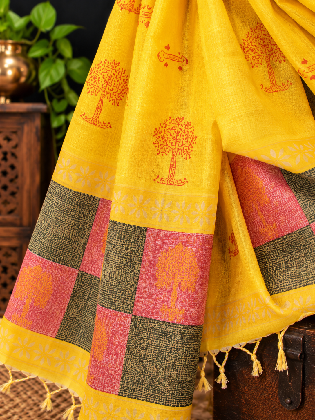 Solid Tussar Silk Suit with Handwoven Tussar Dupatta - Red and Yellow