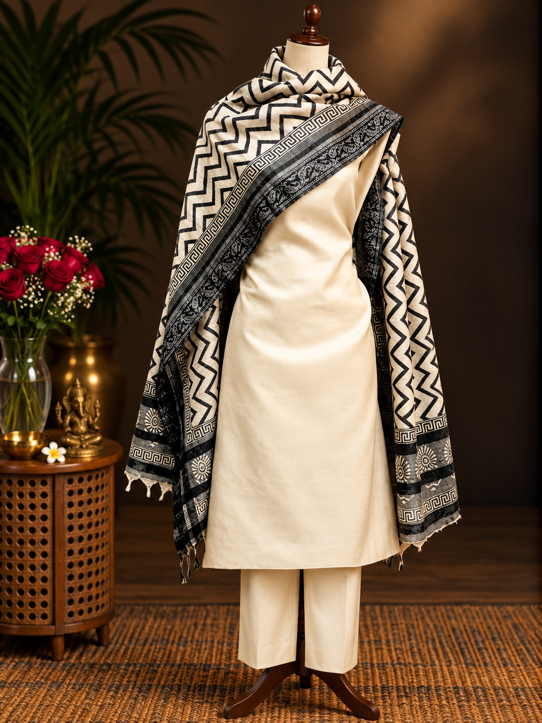 off-white-dress-material-paired-with-geometric-black-dupatta