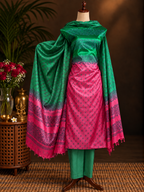 Ombre Pink & Green Tussar Silk Dress Material with Dupatta