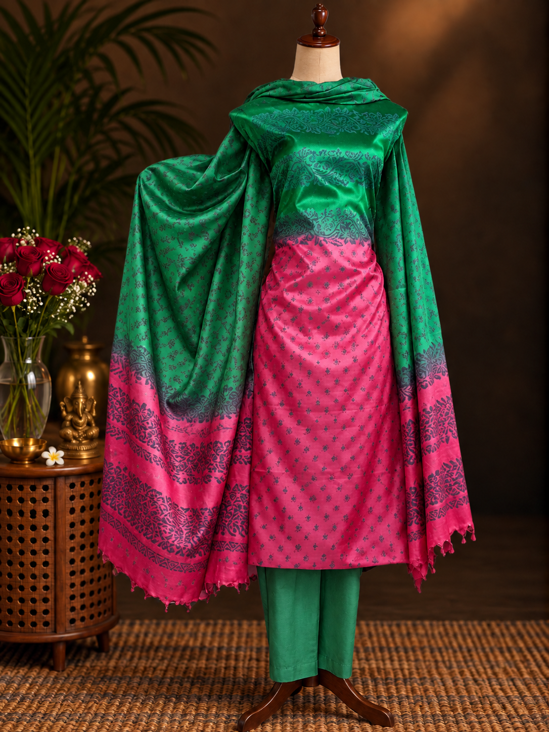 Ombre Pink & Green Tussar Silk Dress Material with Dupatta