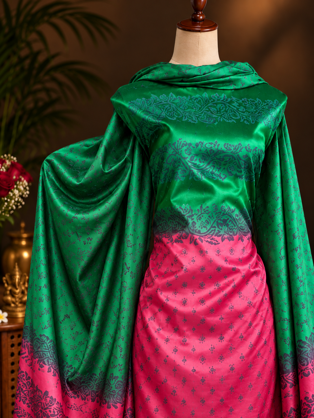 Ombre Pink & Green Tussar Silk Dress Material with Dupatta