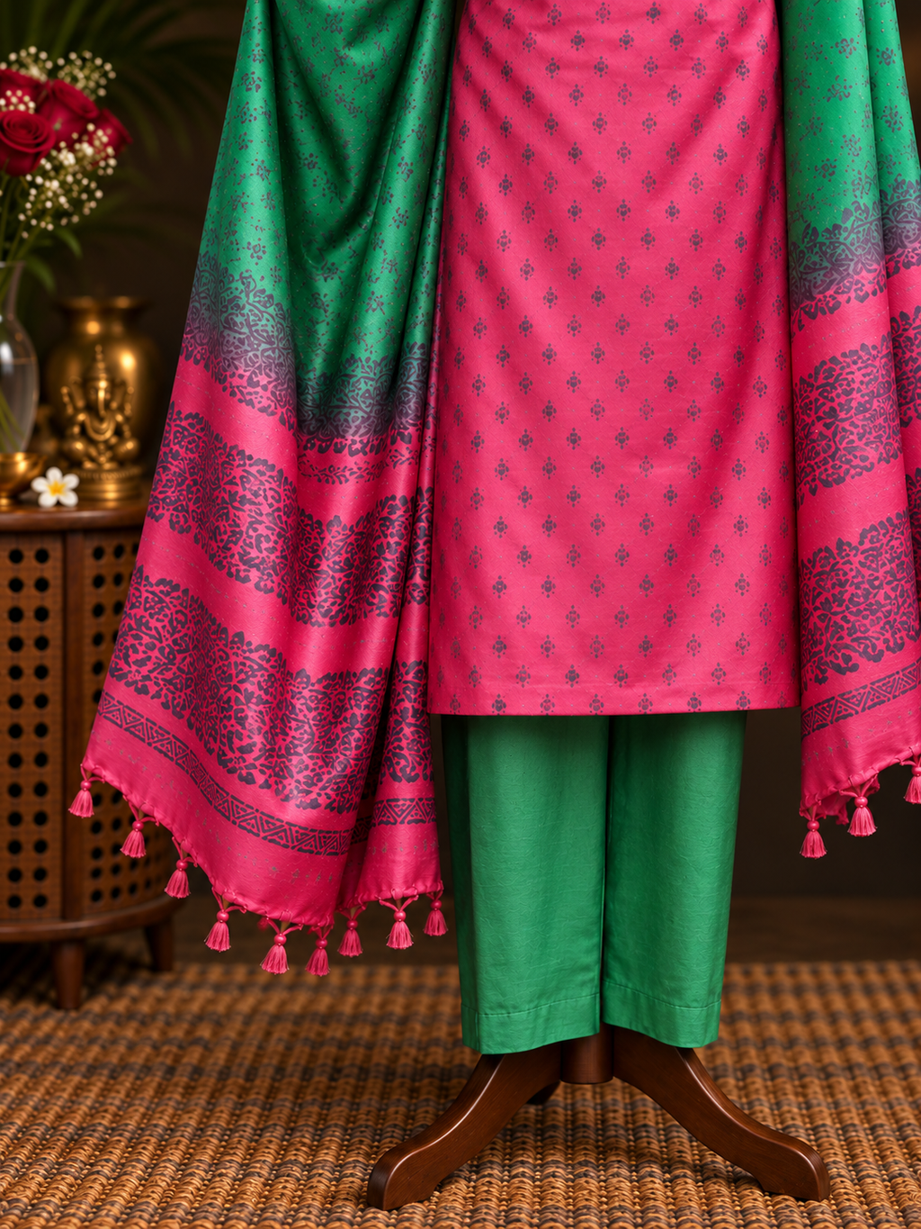 Ombre Pink & Green Tussar Silk Dress Material with Dupatta