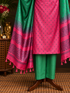 Ombre Pink & Green Tussar Silk Dress Material with Dupatta