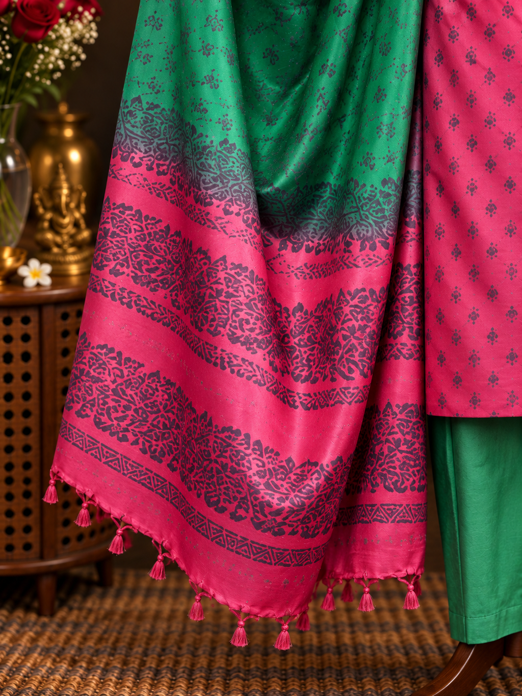 Ombre Pink & Green Tussar Silk Dress Material with Dupatta