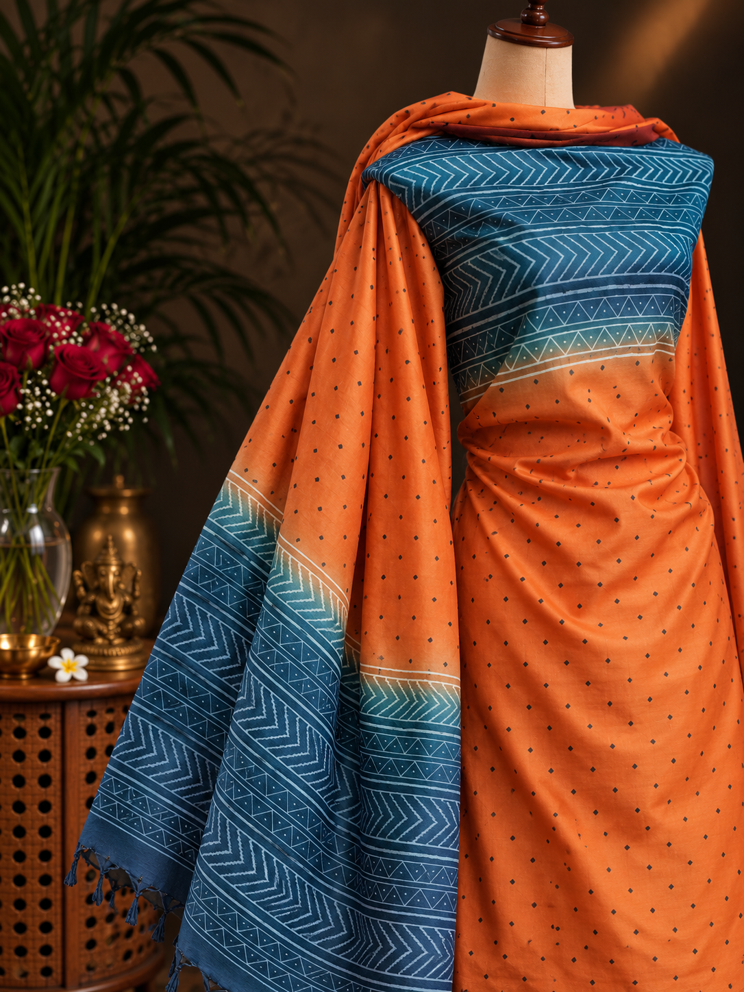 Orange and Teal Blue Unstitched Silk Suit Material with Chevron Print