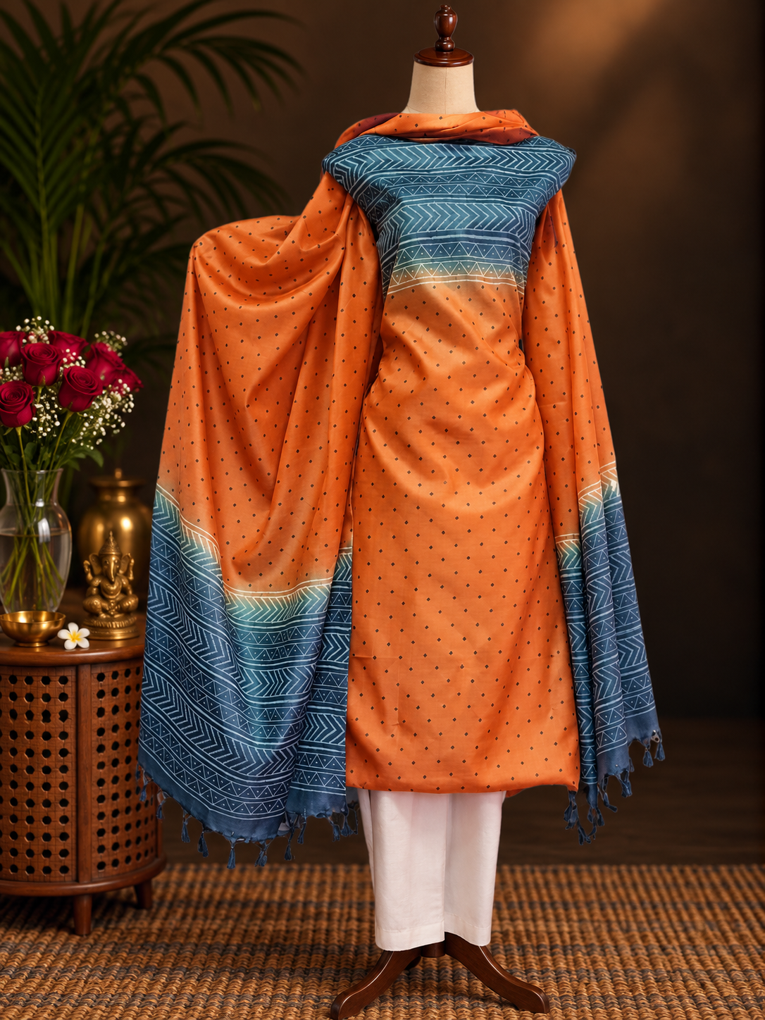 Orange and Teal Blue Unstitched Silk Suit Material with Chevron Print
