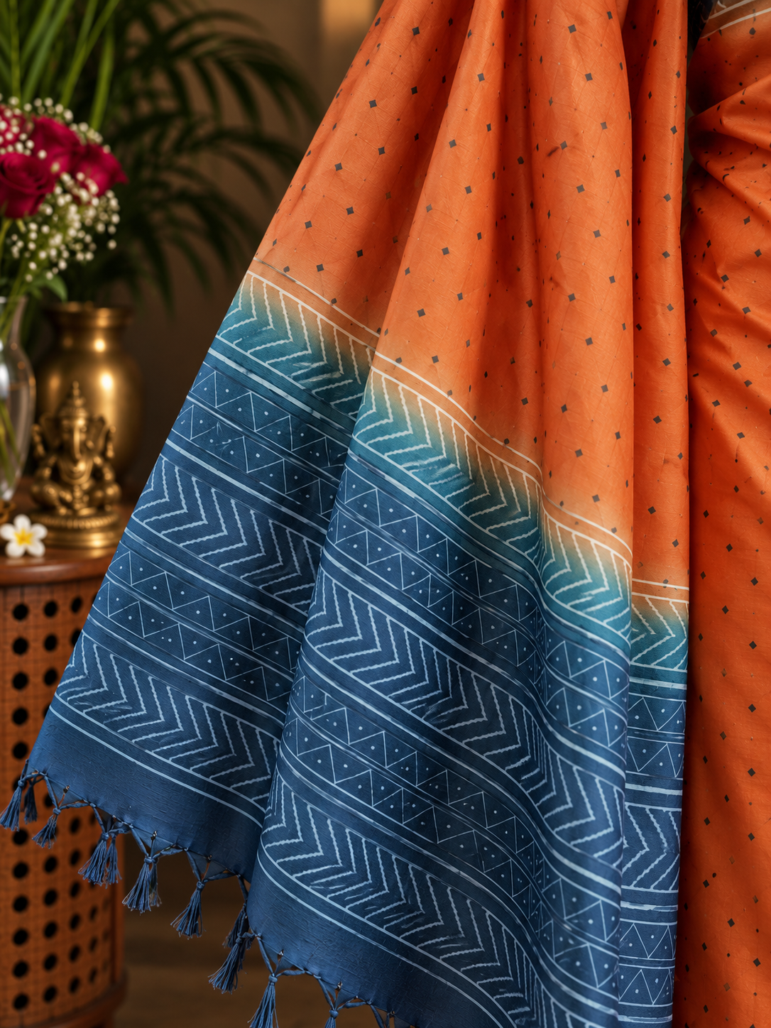 Orange and Teal Blue Unstitched Silk Suit Material with Chevron Print