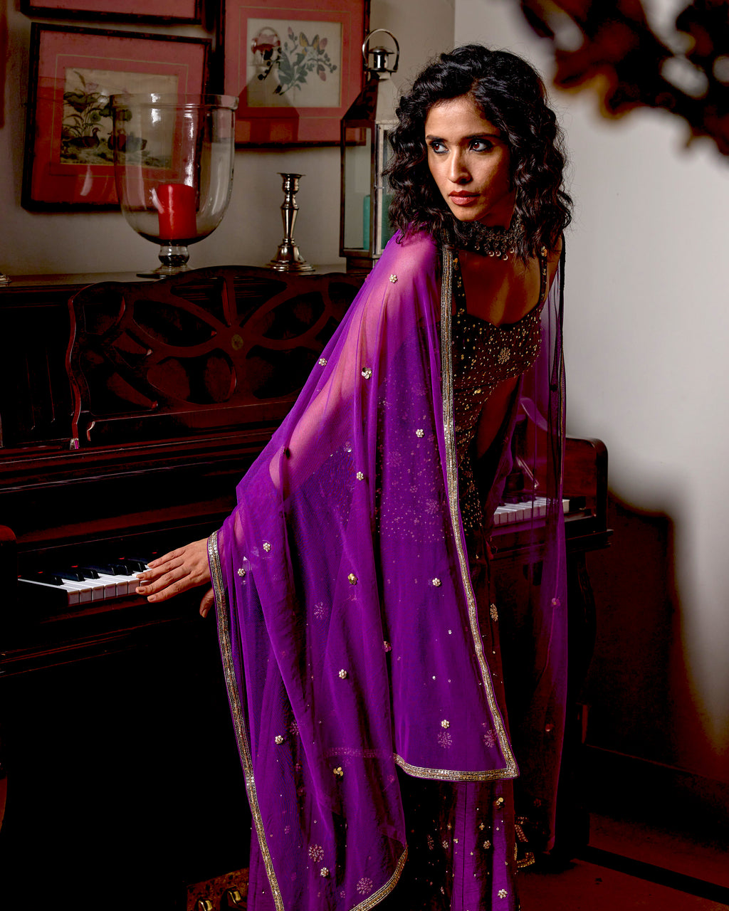 Sassy Sharara Set  Hand Embroidered- Purple