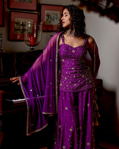 Sassy Sharara Set  Hand Embroidered- Purple