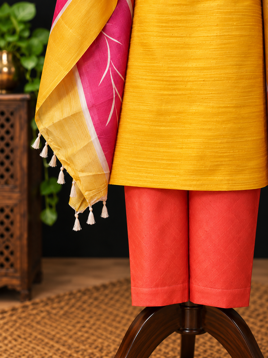Yellow Hand Block Printed Tussar Silk Dress Material BBETU89