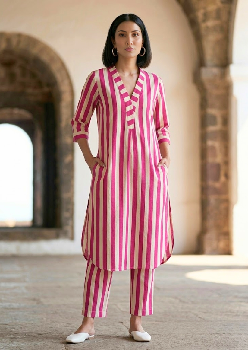 Bbaawri Rani Pink Striped Pure Cotton Kurta Set