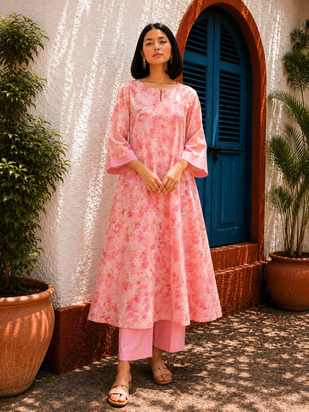 Pink Printed Cotton Slub Kurta Set