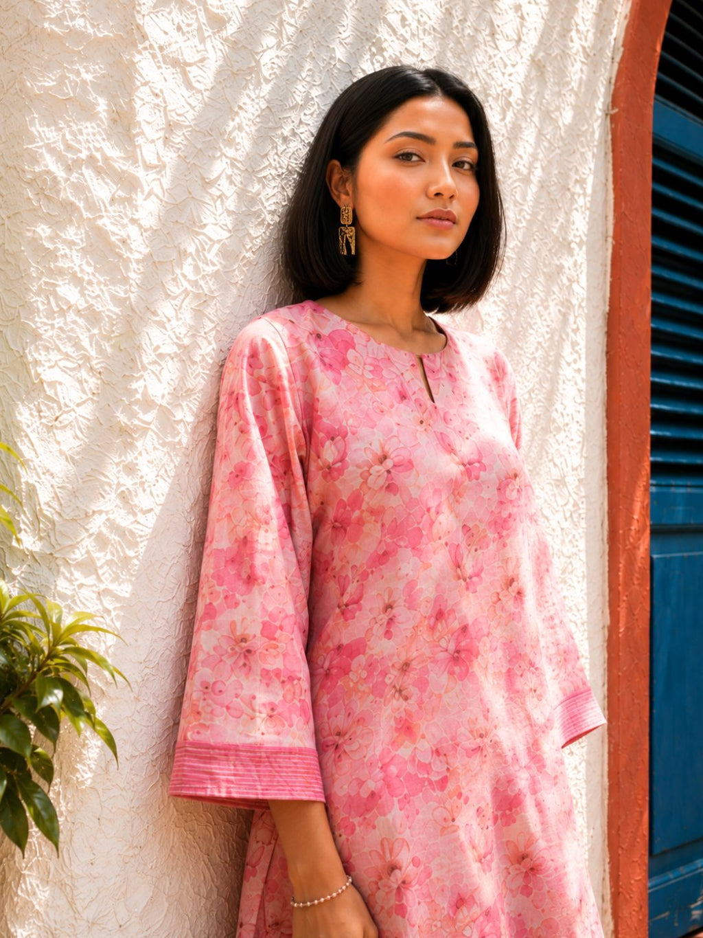 Pink Printed Cotton Slub Kurta Set