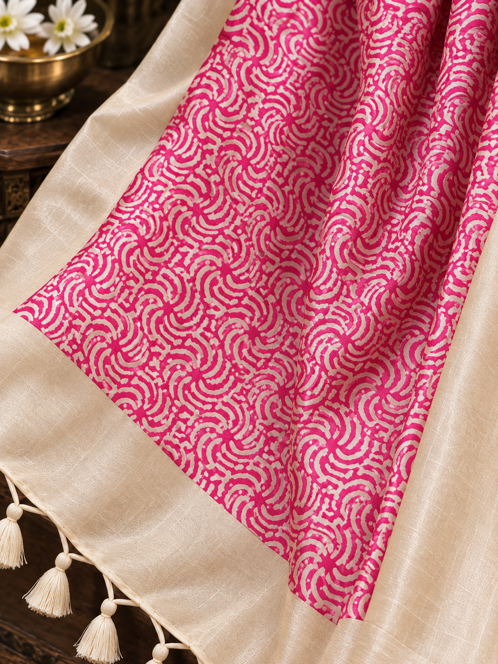 Pink Tussar Silk Unstitched Dress Material with Printed Dupatta