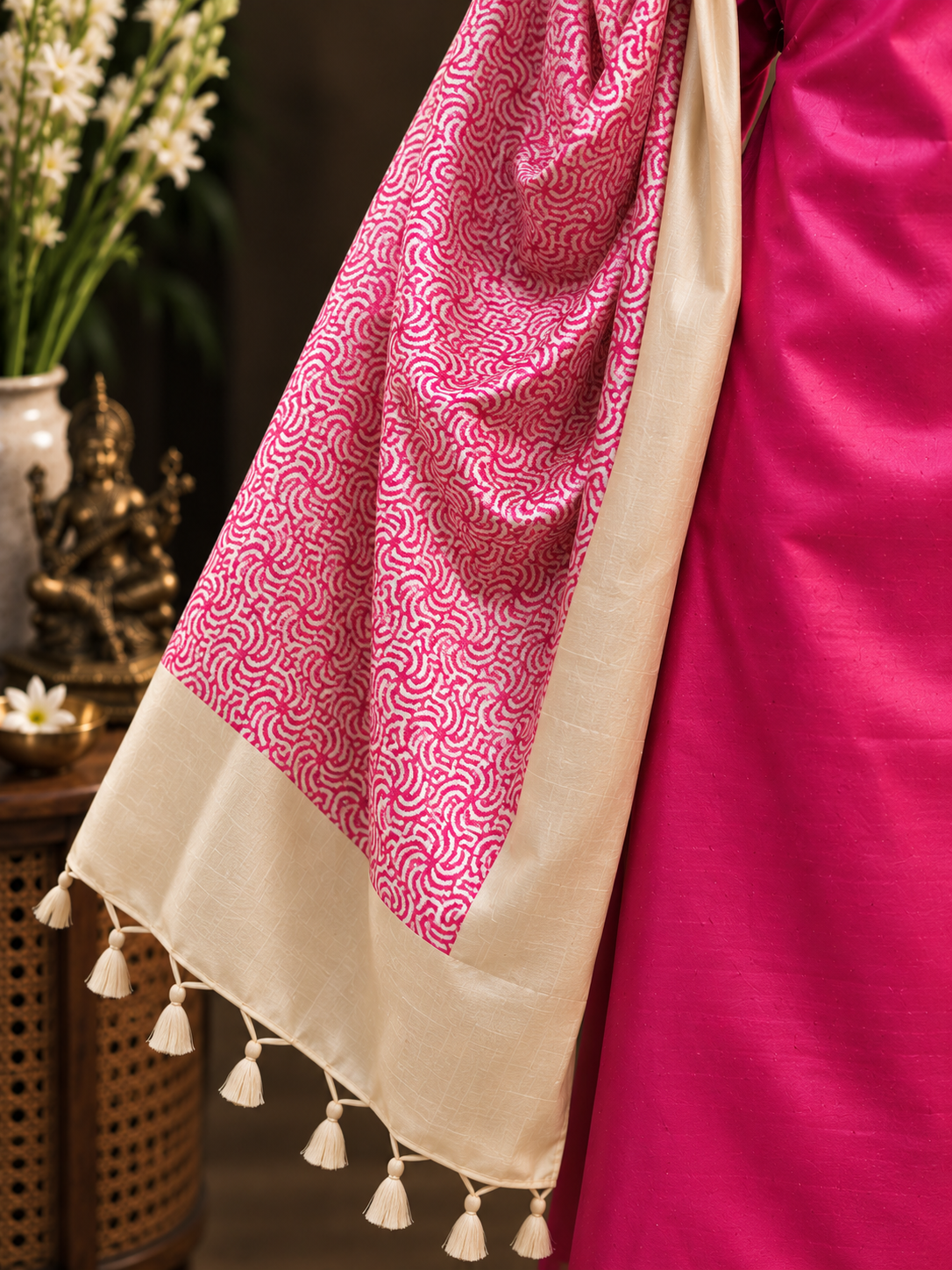 Pink Tussar Silk Unstitched Dress Material with Printed Dupatta