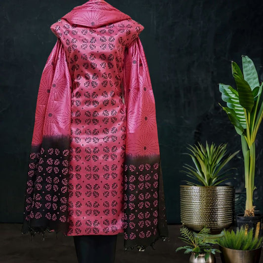 Pink Tussar Silk Suit with  Printed Dupatta in Black n Pink