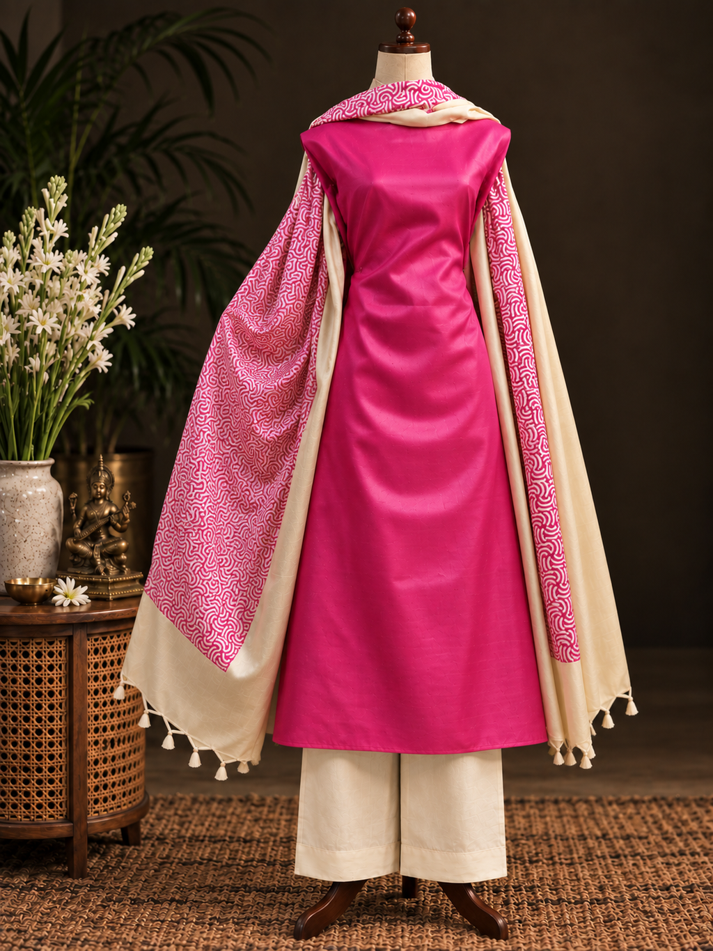 Pink Tussar Silk Unstitched Dress Material with Printed Dupatta