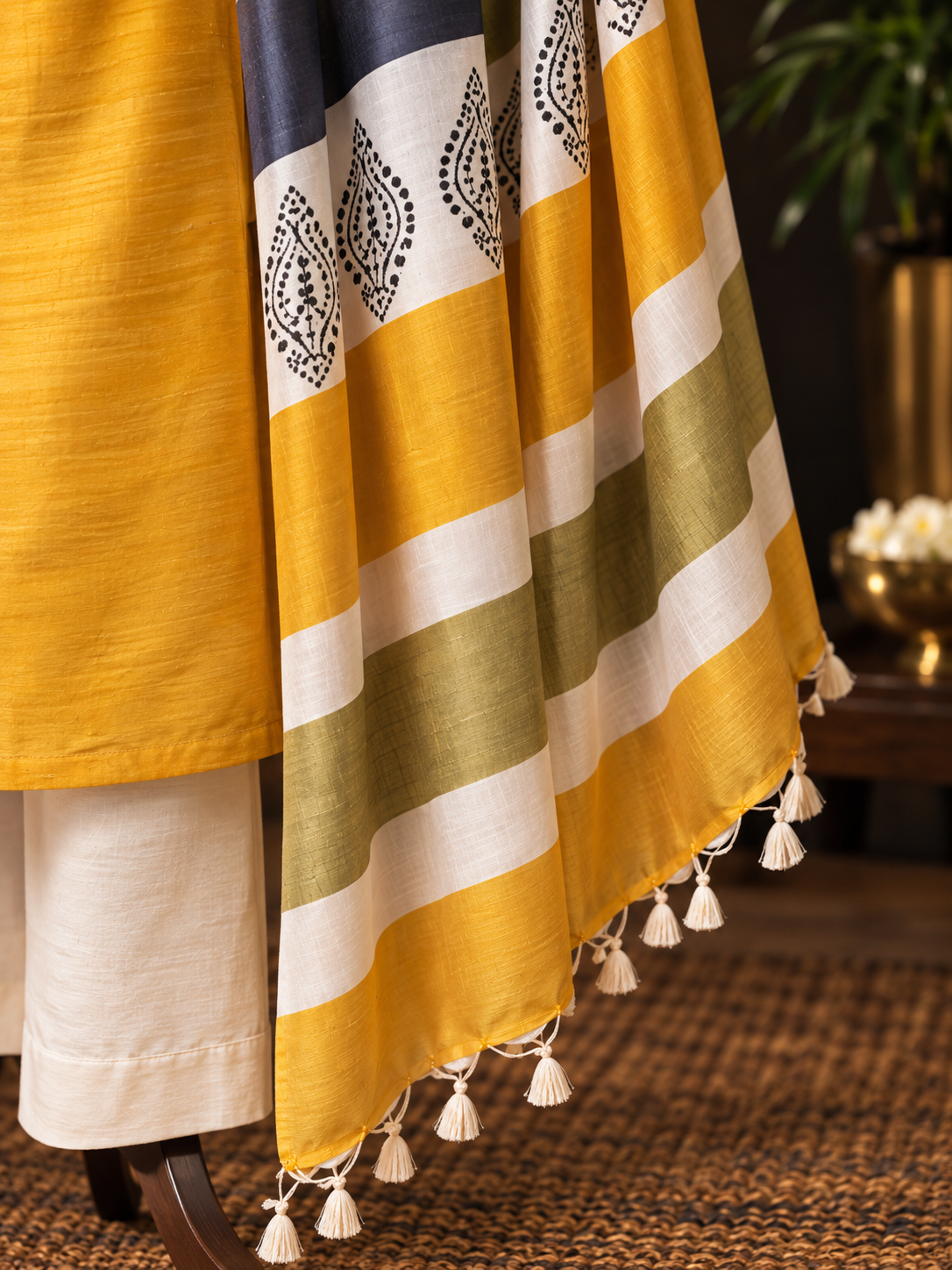Beautiful Tussar Silk Salwar Suit in Yellow and Pastel Green