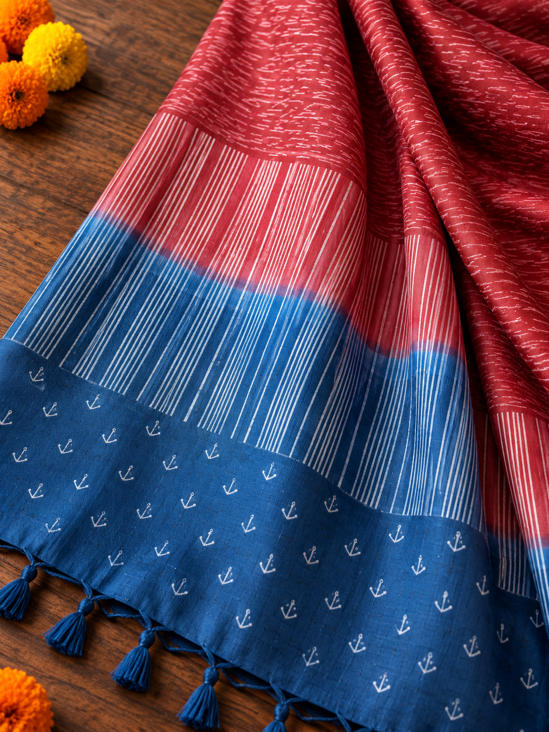Crimson Red & Blue Tussar Silk Dress Material with Dupatta