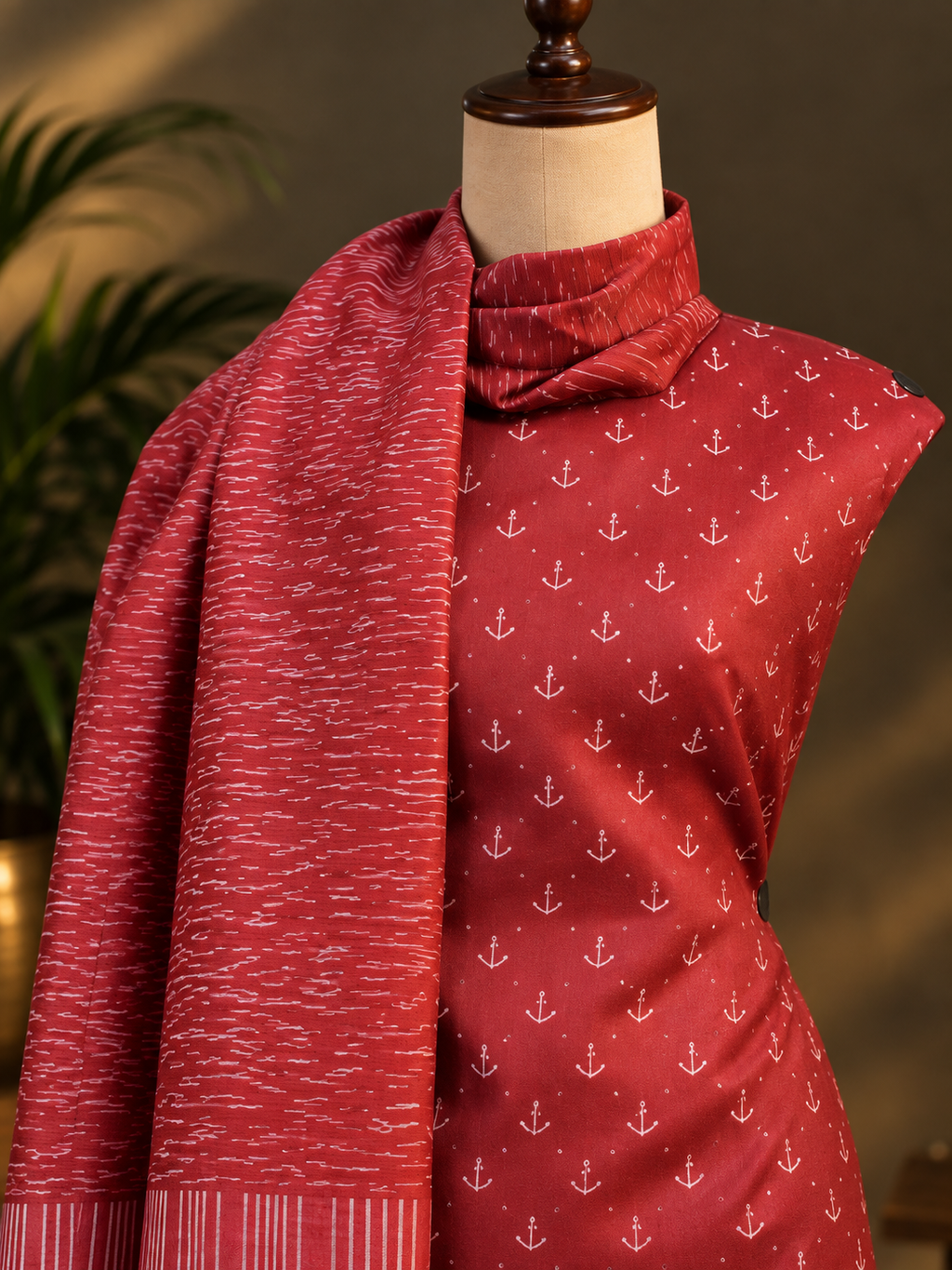 Crimson Red & Blue Tussar Silk Dress Material with Dupatta