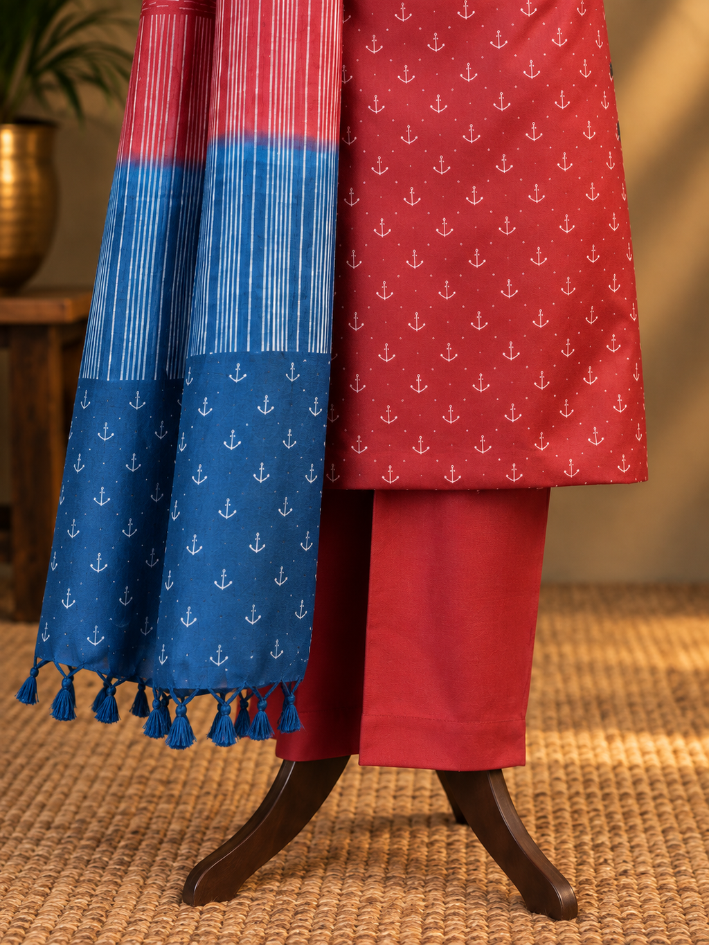 Crimson Red & Blue Tussar Silk Dress Material with Dupatta