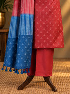 Crimson Red & Blue Tussar Silk Dress Material with Dupatta