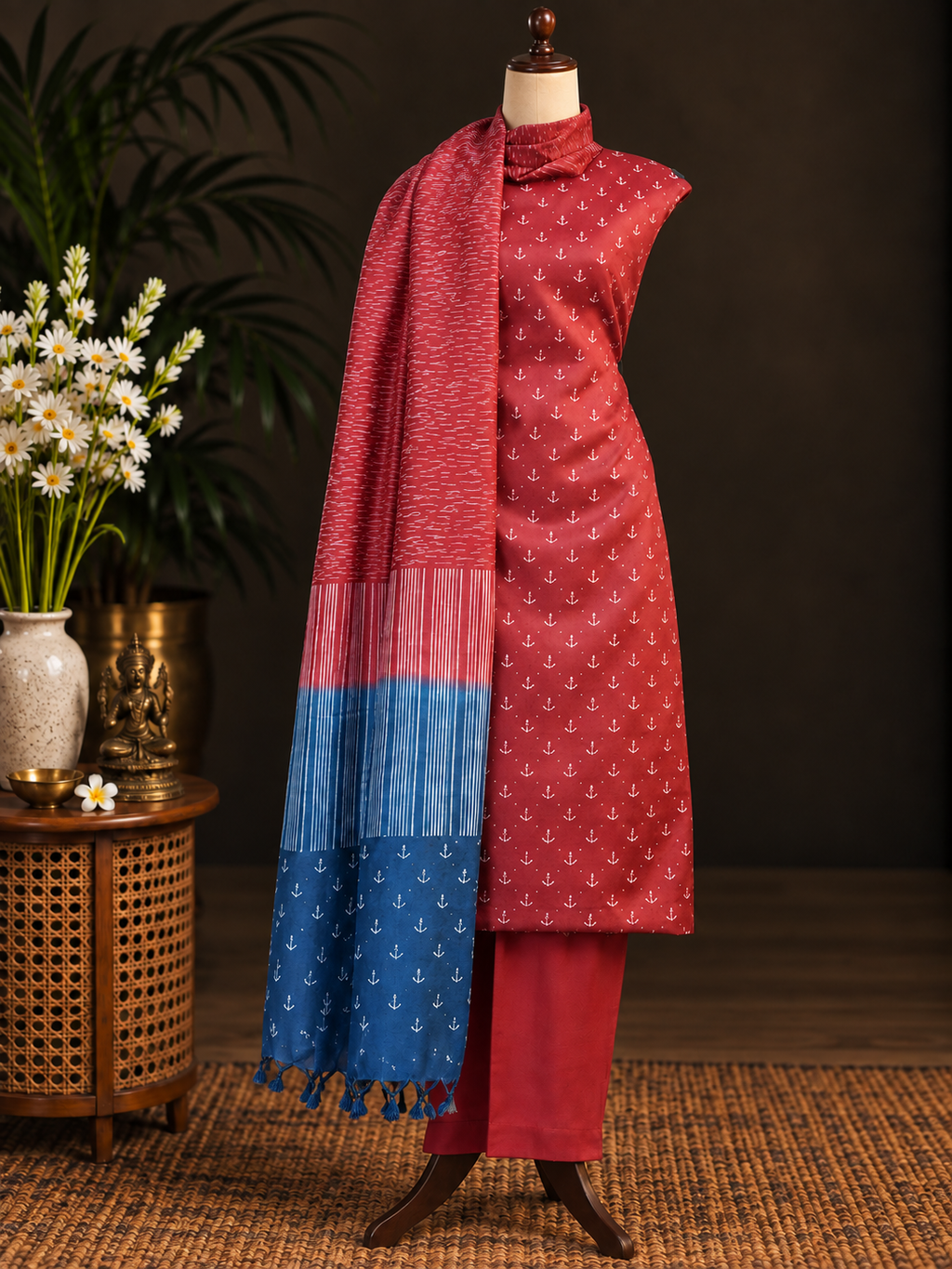 Crimson Red & Blue Tussar Silk Dress Material with Dupatta