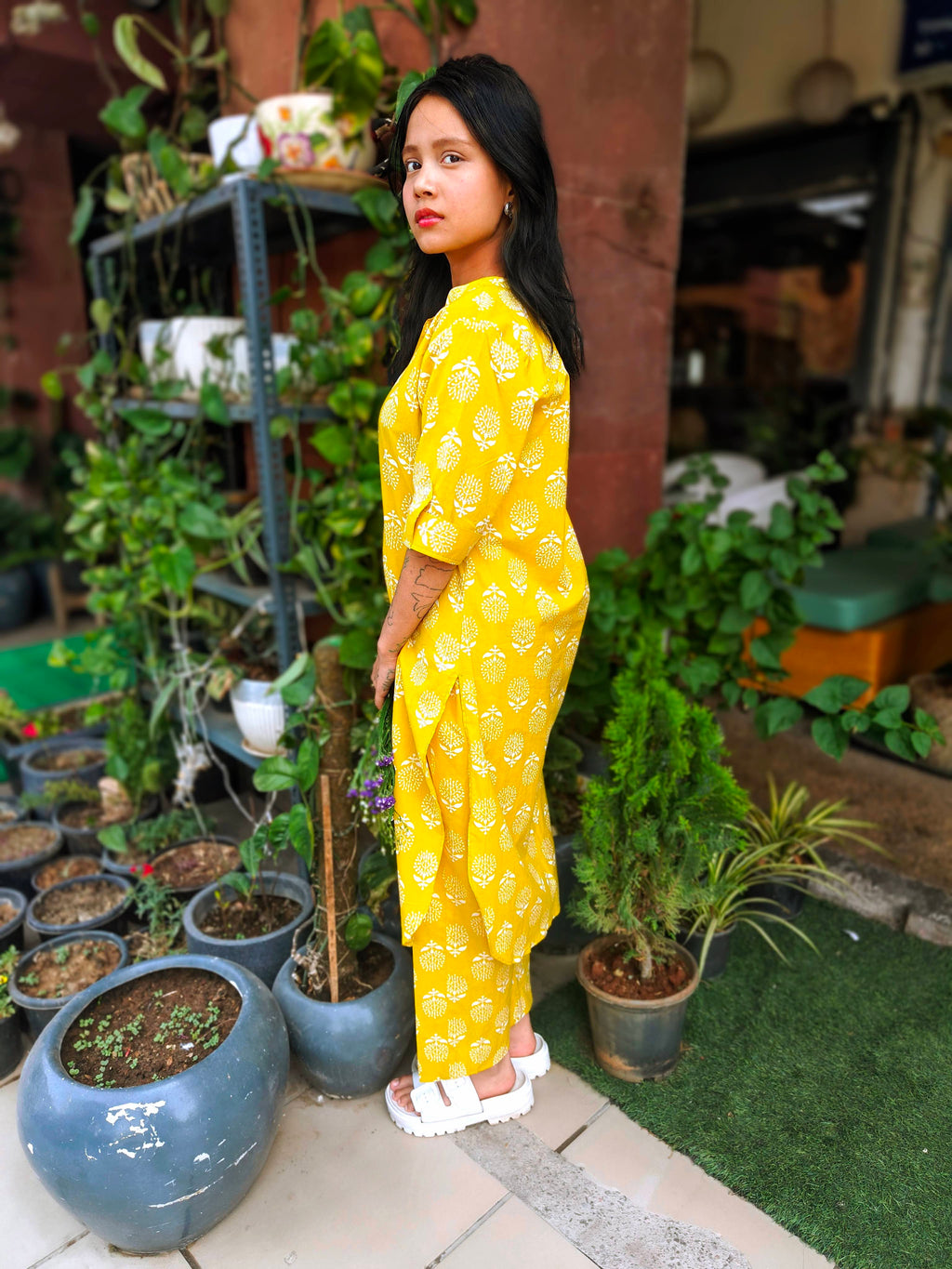  yellow cotton kurta with mandarin collar