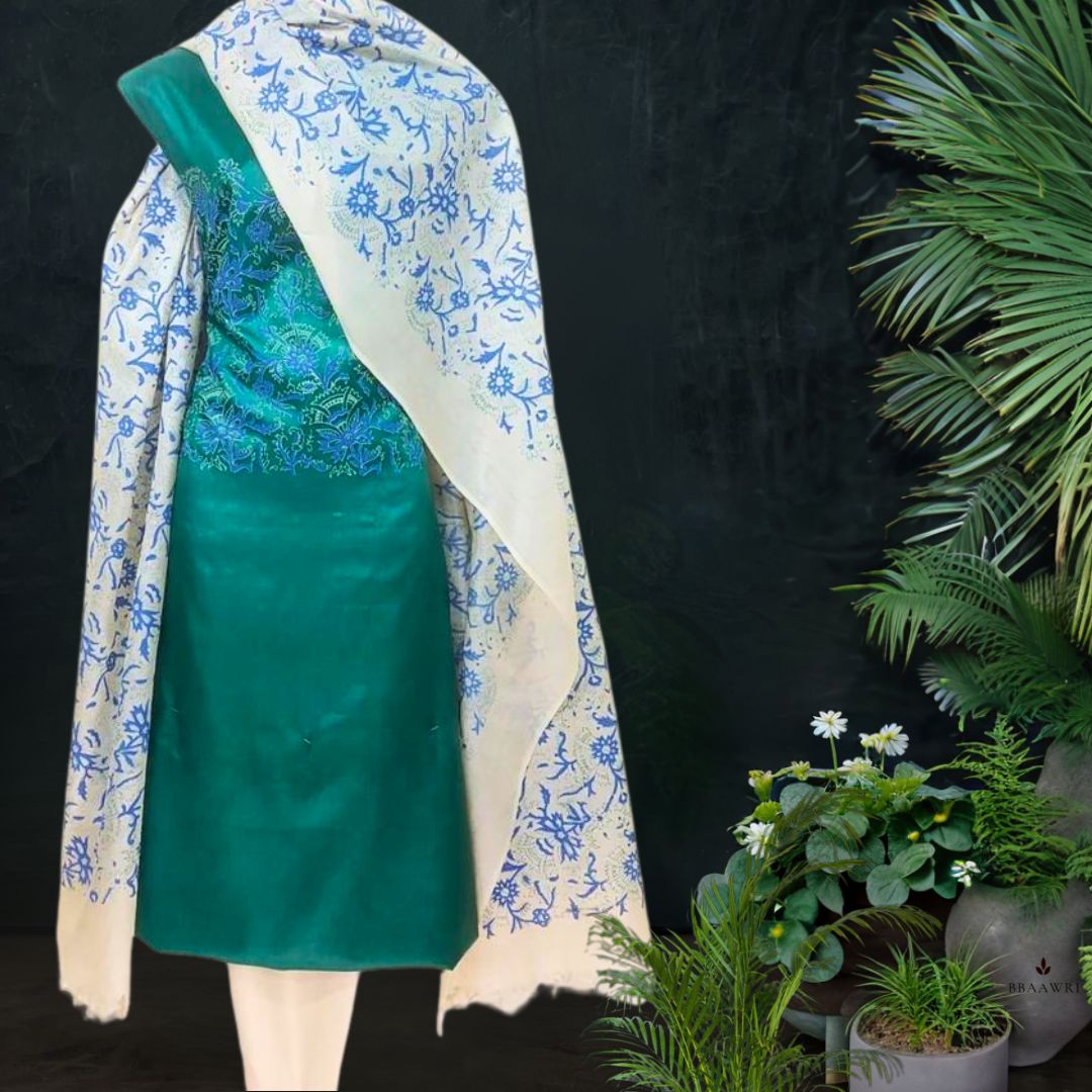 Printed Green Off White Tussar Silk Dress Material