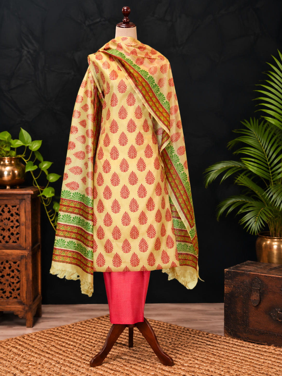 A three-piece Indian silk salwar suit set displayed on a mannequin, featuring a light beige kurta with orange and green leaf prints, a matching dupatta, and a solid pink bottom. The mannequin is set against a dark textured backdrop with decorative plants and wooden furniture.