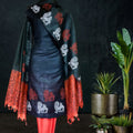 Printed Tussar Silk Dress Material in Black Red 