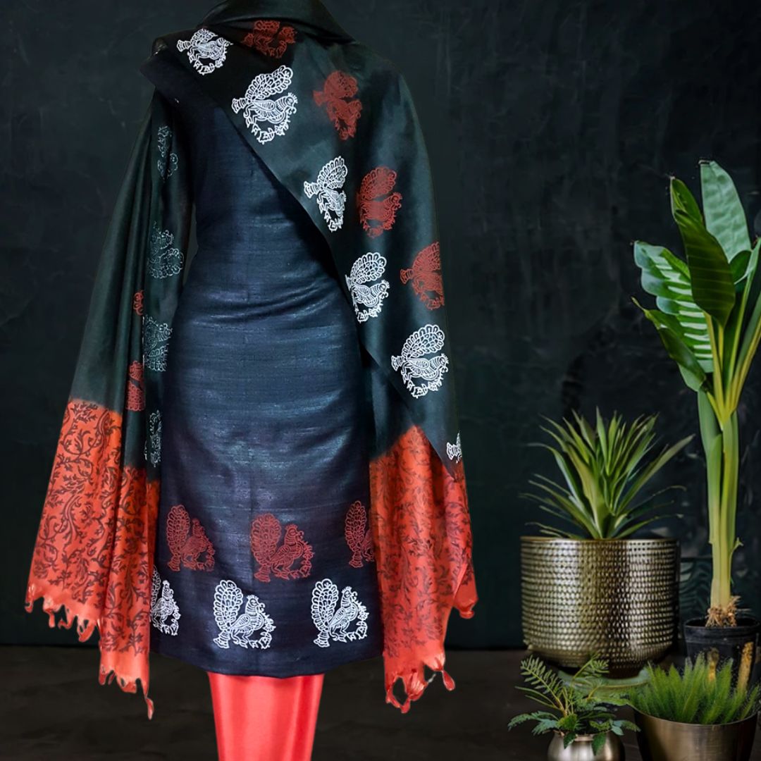 Printed Tussar Silk Dress Material in Black Red 