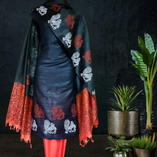 Printed Tussar Silk Dress Material in Black Red 