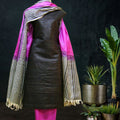 Printed Tussar Silk Dress Material with Black Pink Dupatta