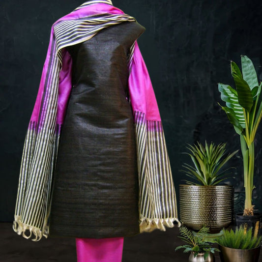 Printed Tussar Silk Dress Material with Black Pink Dupatta