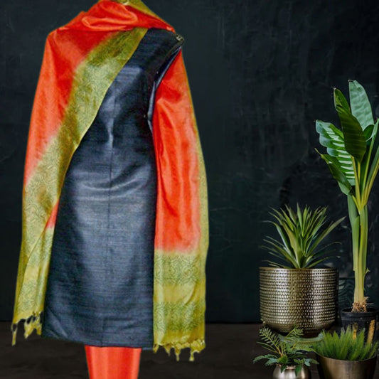 Printed Tussar Silk Dress Material with Orange Green Dupatta 
