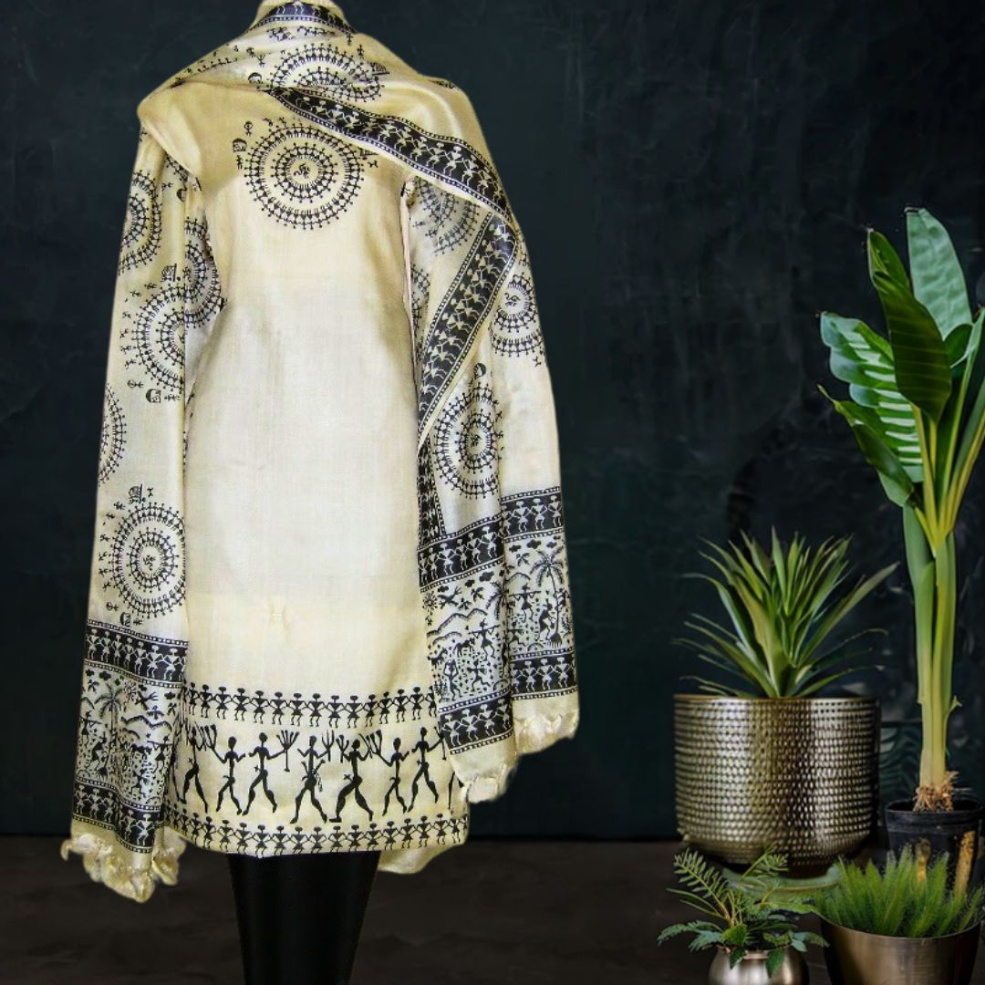 Printed Tussar Silk Dress Material with in Off White Black with worli motifs