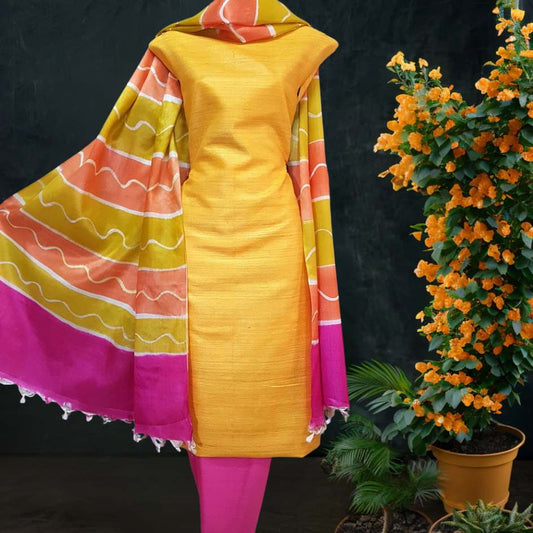 Printed Tussar Silk Salwar Suit in Yellow Pink 