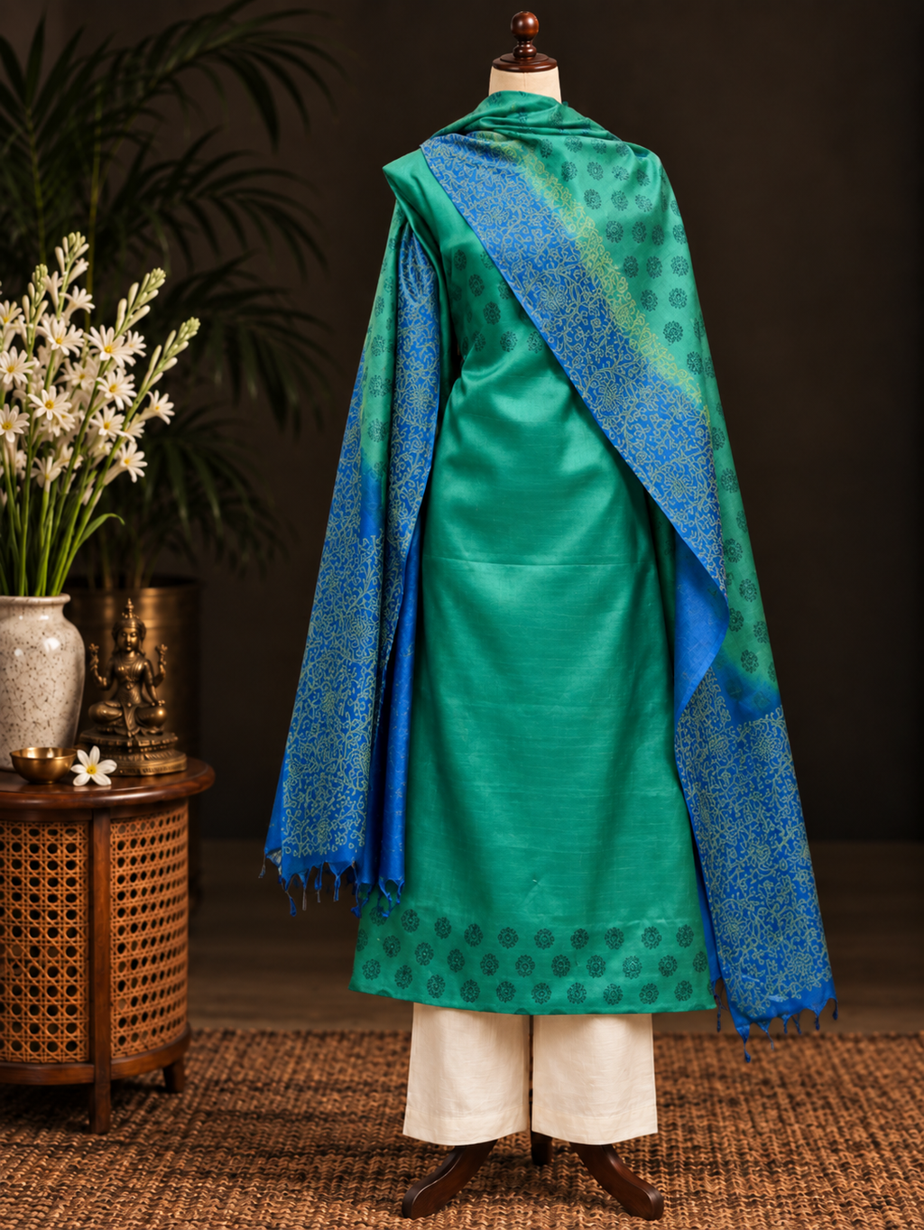 Premium Blue Green Printed Tussar Silk Unstitched Dress Material