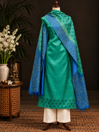 Premium Blue Green Printed Tussar Silk Unstitched Dress Material