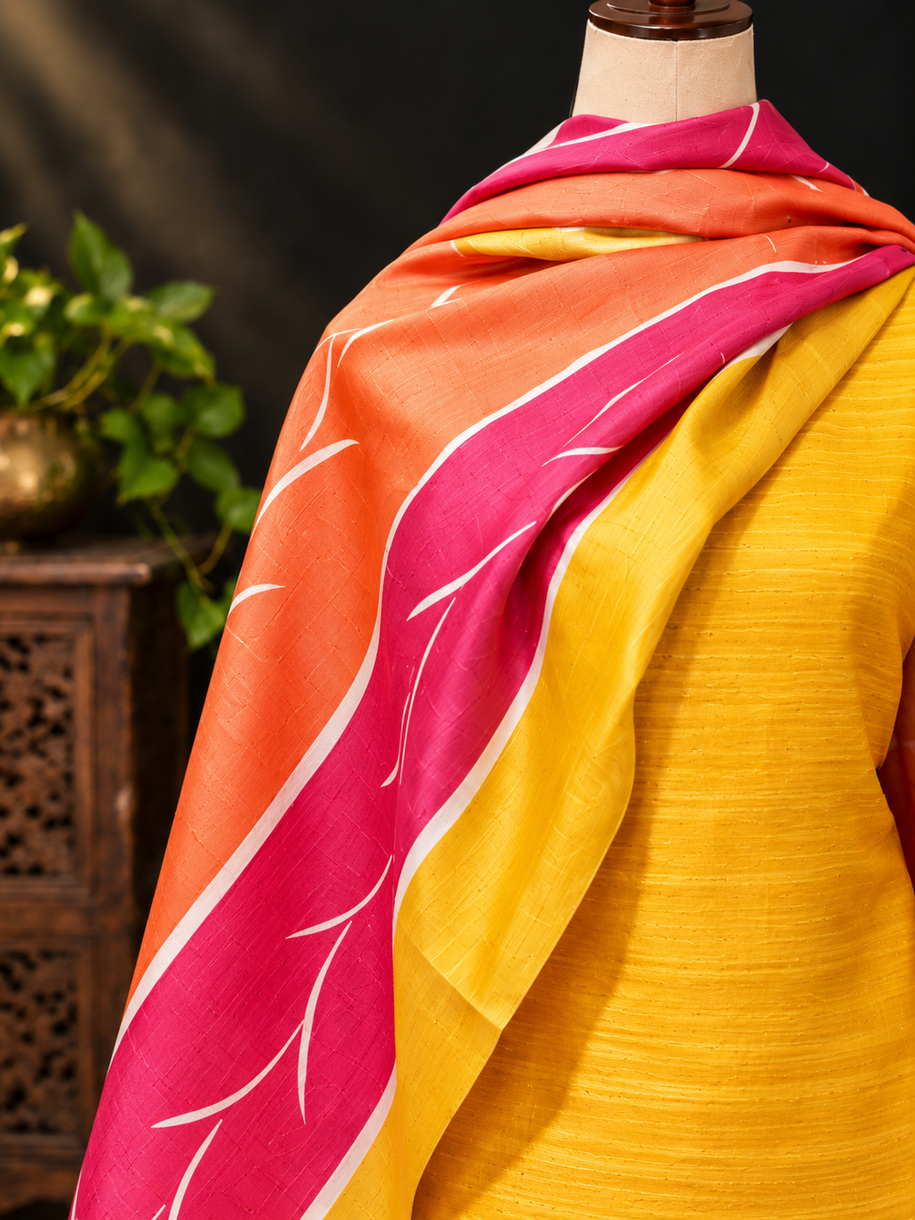Yellow Hand Block Printed Tussar Silk Dress Material BBETU89
